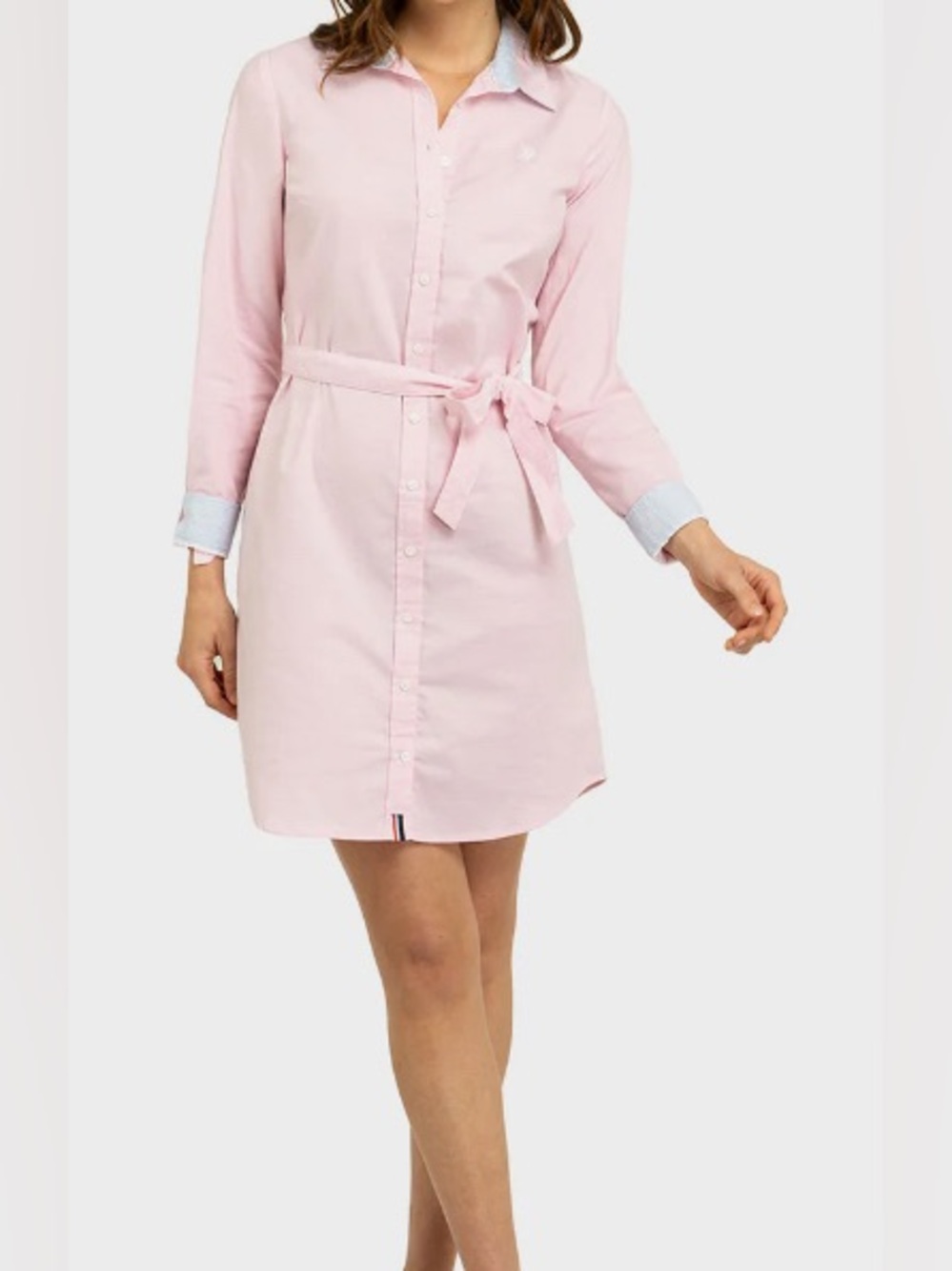 US Polo Association Light Pink Oxford Shirt Dress/Tie Waist/Pale Blue Accent: M - Picture 3 of 8